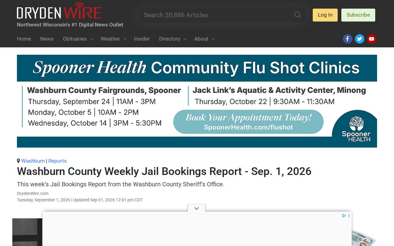 Washburn County weekly booking-report notice from DrydenWire