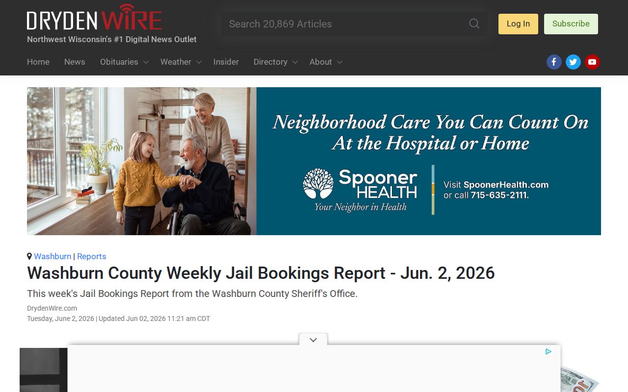 Washburn County weekly booking report record source
