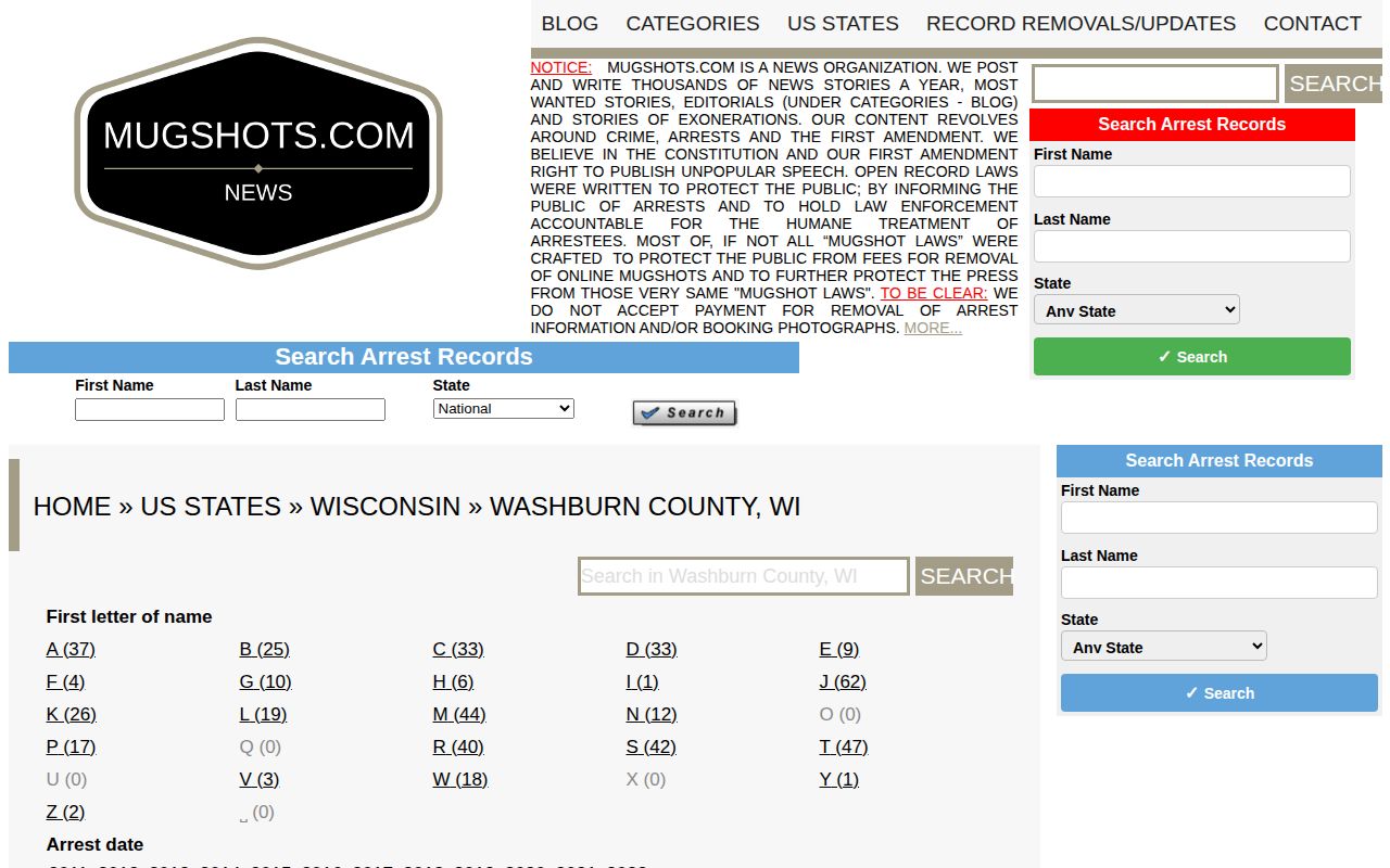 Historical Washburn County mugshot claim source interface, an unofficial third-party page