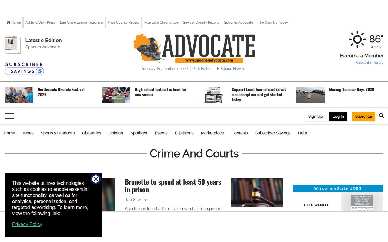 Spooner Advocate Crime and Courts section for Washburn County regional reporting
