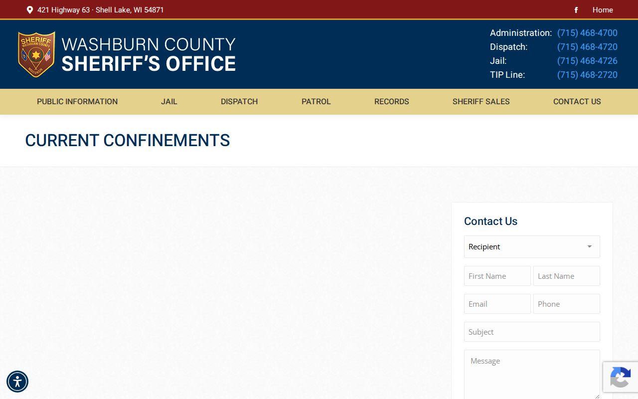 Washburn County current confinement booking record source