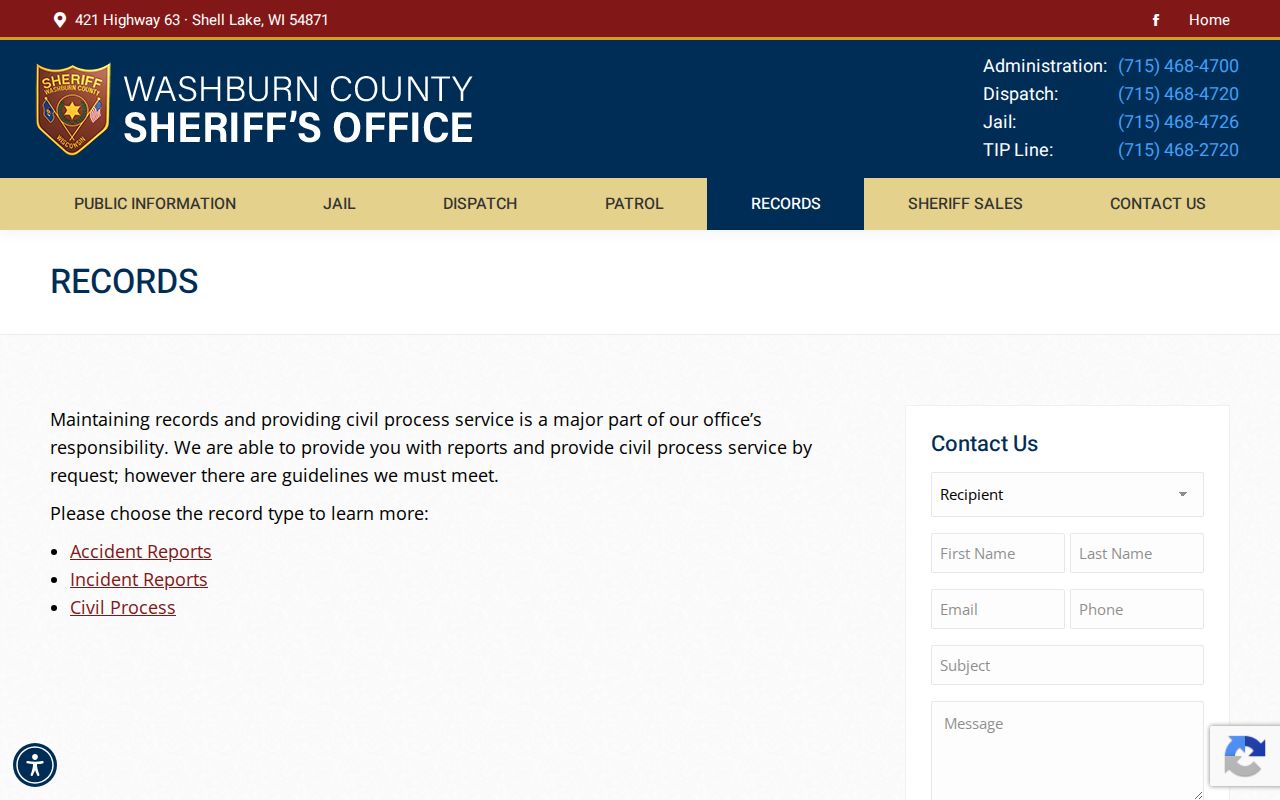 Washburn County booking record request source at the Sheriff's Office
