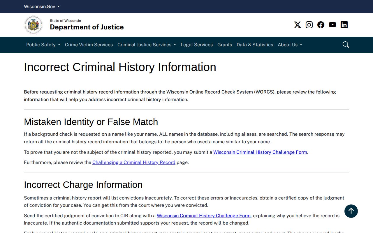 Washburn County arrest record correction information from Wisconsin DOJ